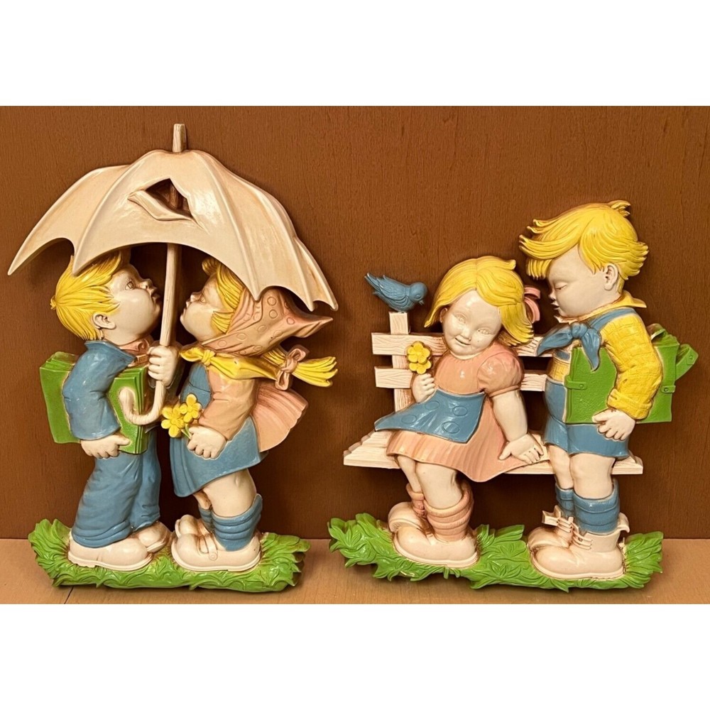 Vintage Homco Syroco Wall Decor Girl & Boy W Umbrella Bench Pastel Nursery 1977